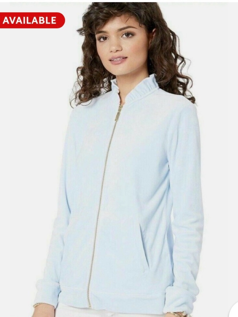 Lilly Pulitzer Kayla Velour Pale Blue Ruffle-Trim Zip Jacket